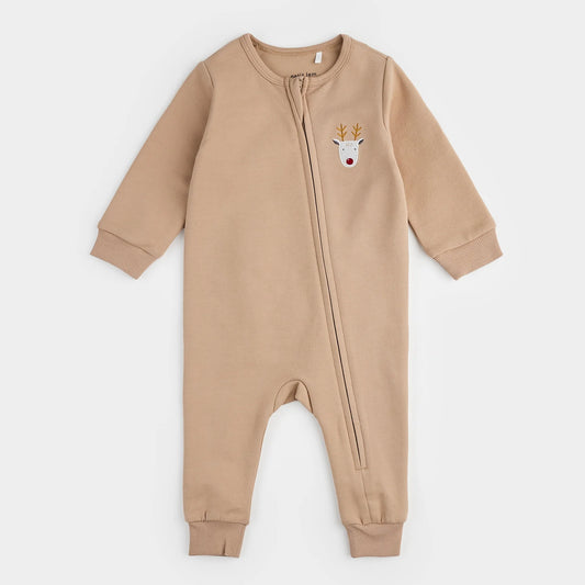 Littlest Reindeer on Taupe Fleece Playsuit | Petit Lem