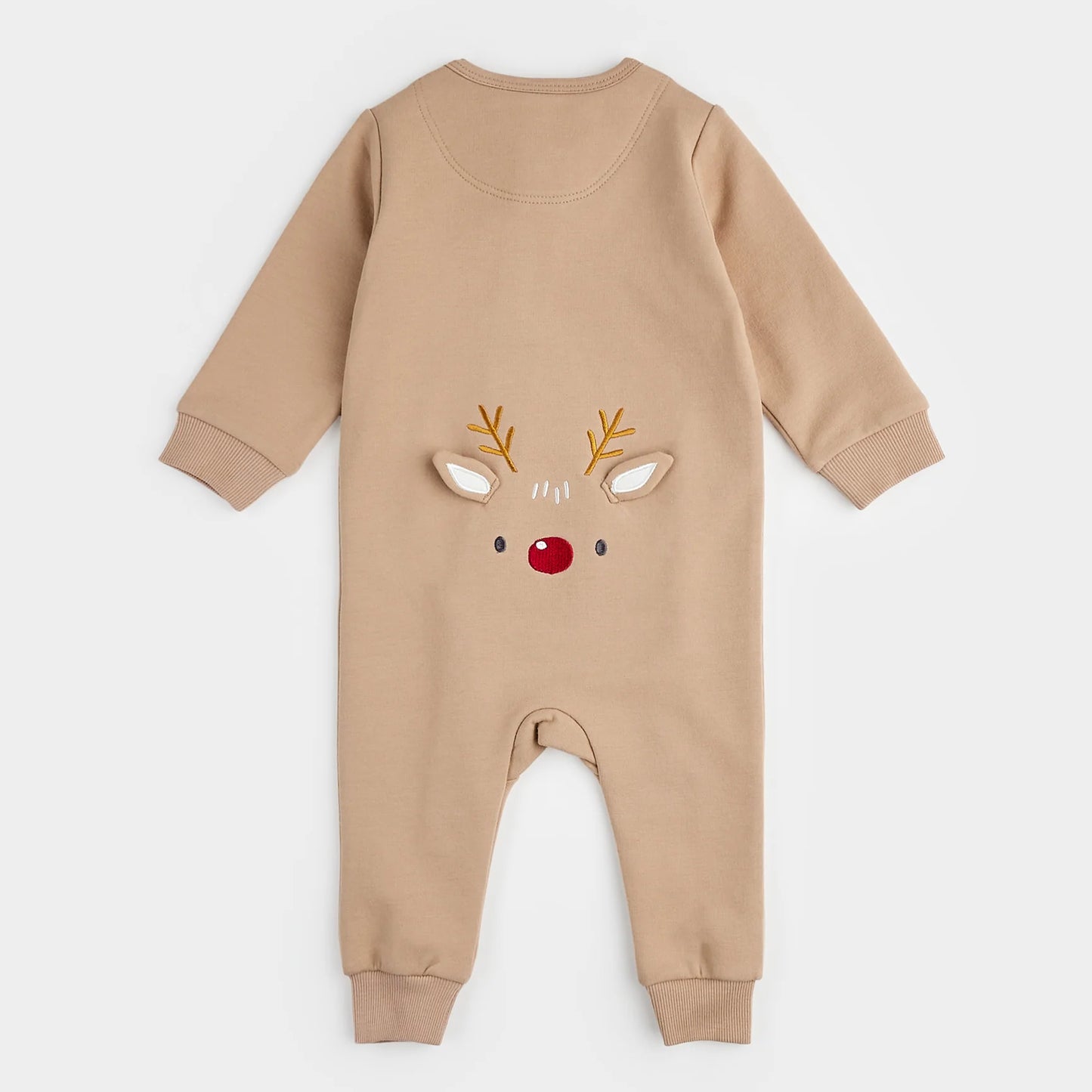 Littlest Reindeer on Taupe Fleece Playsuit | Petit Lem