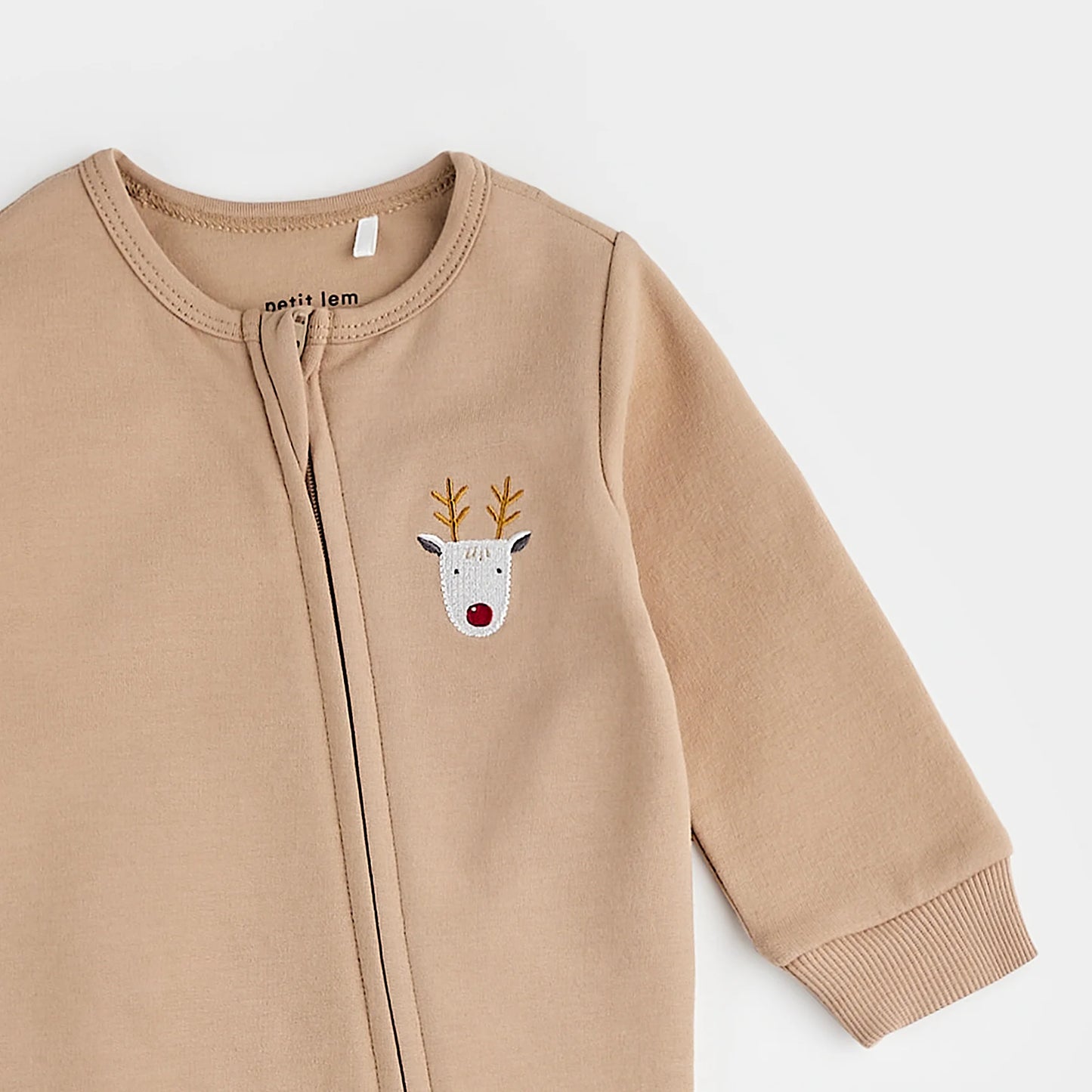 Littlest Reindeer on Taupe Fleece Playsuit | Petit Lem