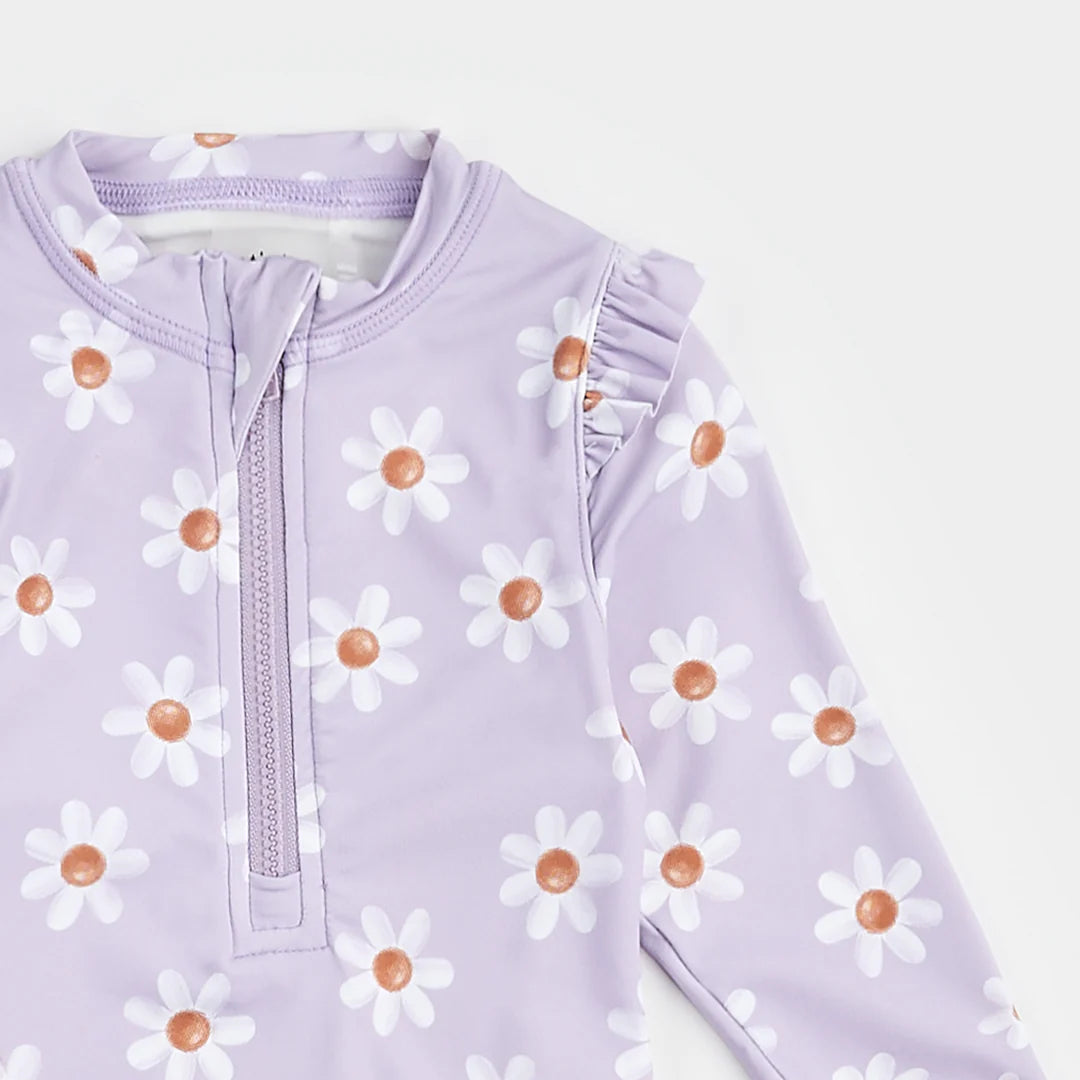 Daisy Print On Lavender Long-Sleeve Swimsuit | Petit Lem