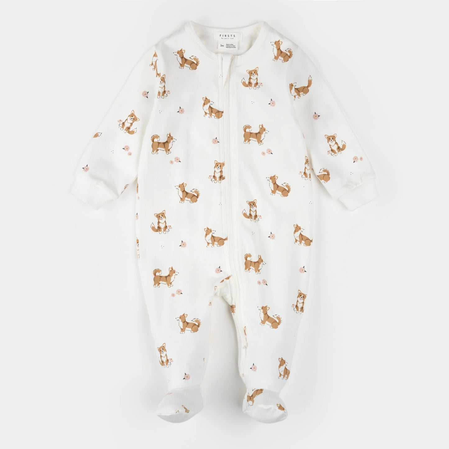 Footed Sleeper | Corgi Print on Off-White | Petit Lem