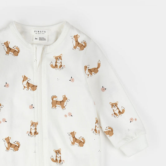 Footed Sleeper | Corgi Print on Off-White | Petit Lem