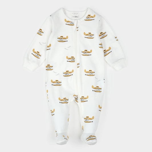 Footed Sleeper | Seaplane Print on Off-White | Petit Lem