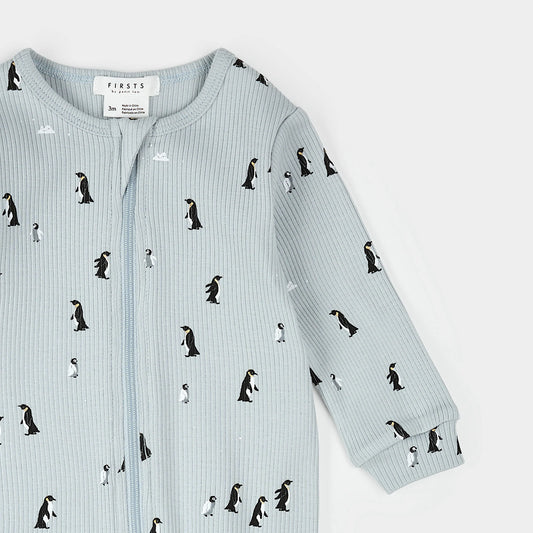 Footed Sleeper | Penguin Print on Pearl Blue | Petit Lem