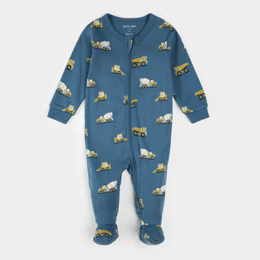Footed Sleeper | Construction Truck Print on Cobalt Blue | Petit Lem