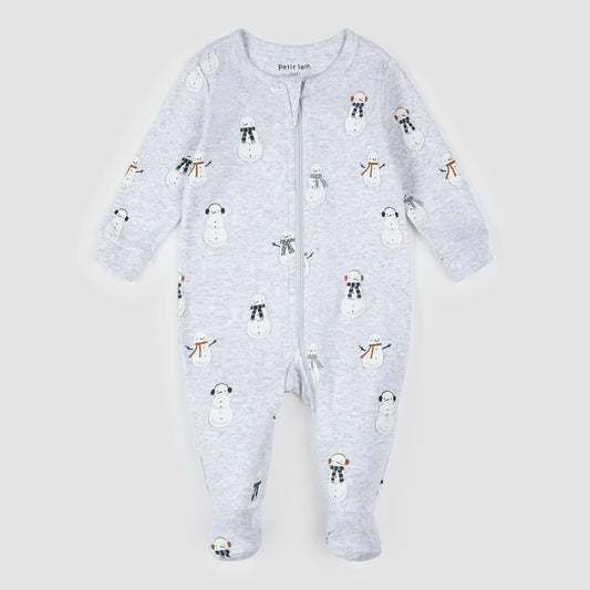 Footed Sleeper | Snowman Print on Heather Grey | Petit Lem