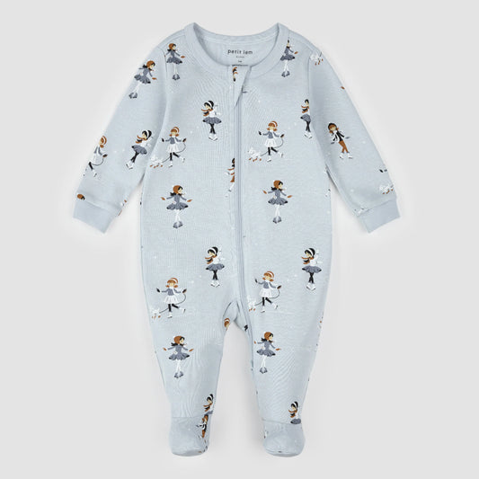 Footed Sleeper | Figure Skating Print on Pearl Blue | Petit Lem