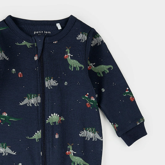 Footed Sleeper | Holiday Dinosaur Print on Navy | Petit Lem
