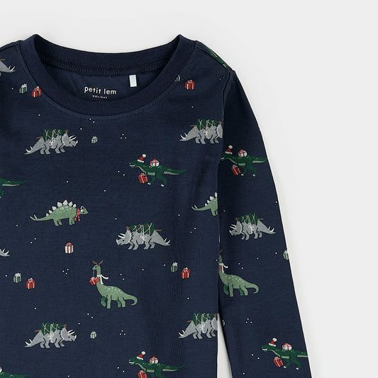 PJ Set | Holiday Dinosaur Print on Navy | Petit Lem