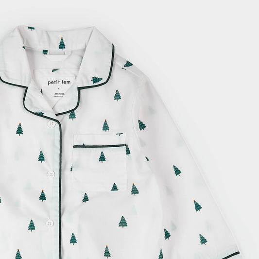 Poplin PJ Set | Pine Tree Print on Off-White | Petit Lem