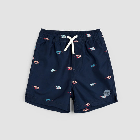 Shrimp Print on Dress Blues Swim Trunks | Miles The Label