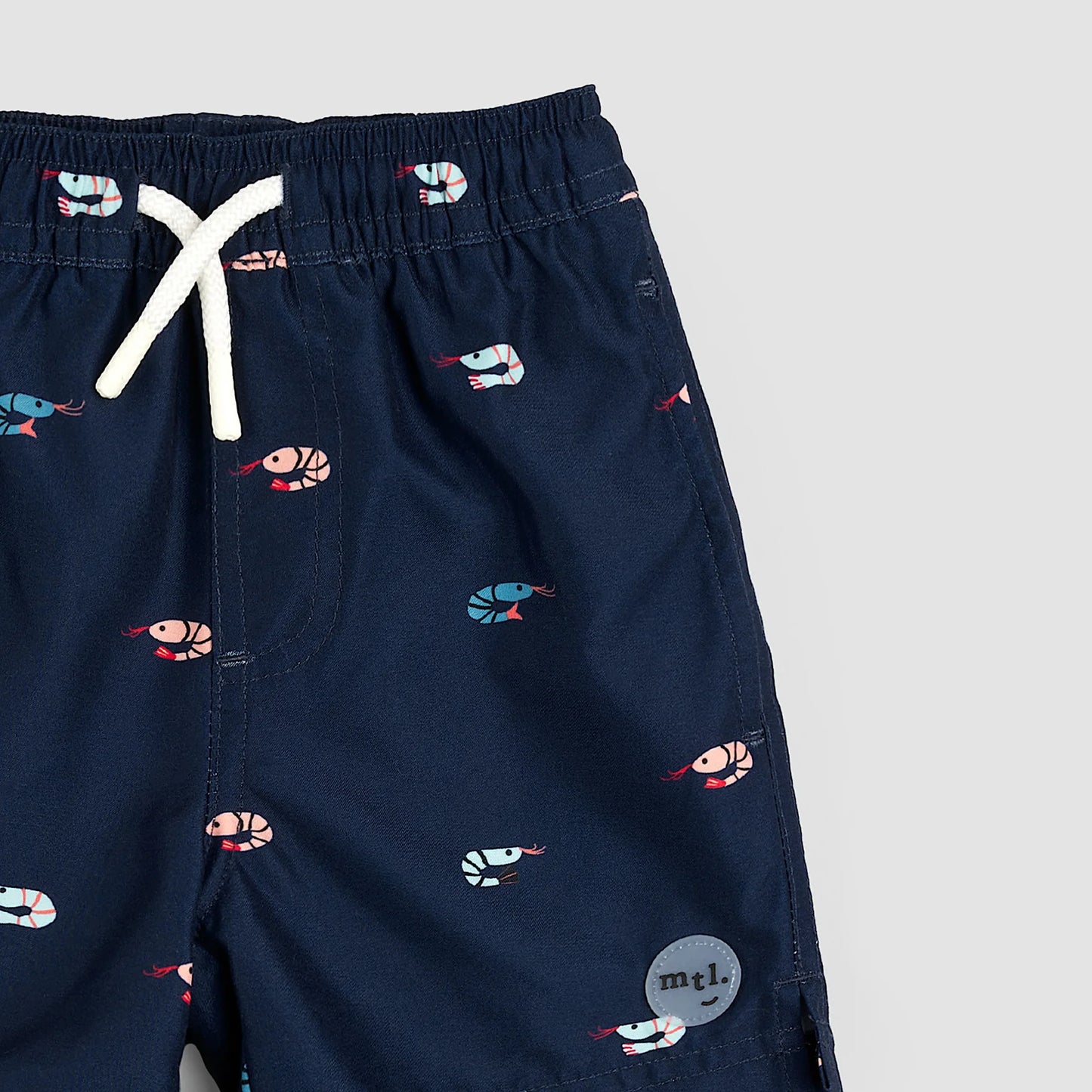 Shrimp Print on Dress Blues Swim Trunks | Miles The Label