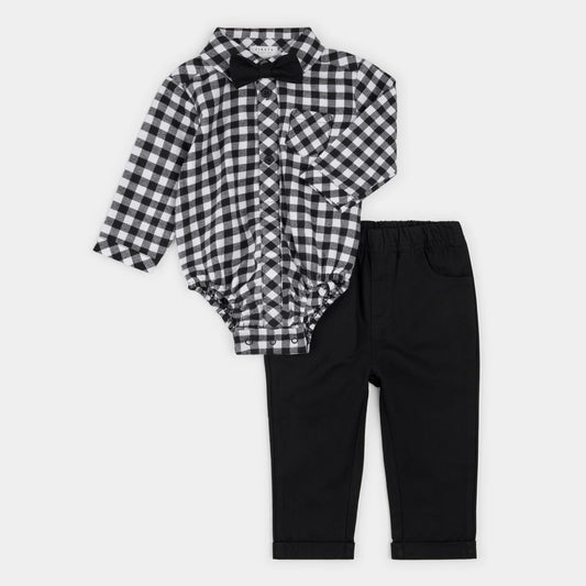 3pc Flannel Outfit Set | Black & White Tartan | Petit Lem
