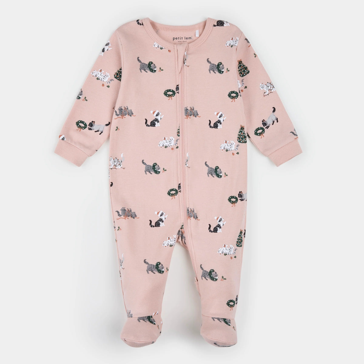 Footed Knit Sleeper | Meowy & Bright on Peony Blush | Petit Lem