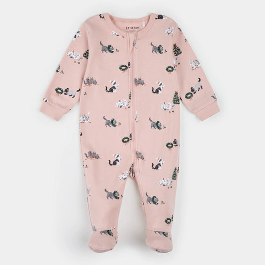 Footed Knit Sleeper | Meowy & Bright on Peony Blush | Petit Lem