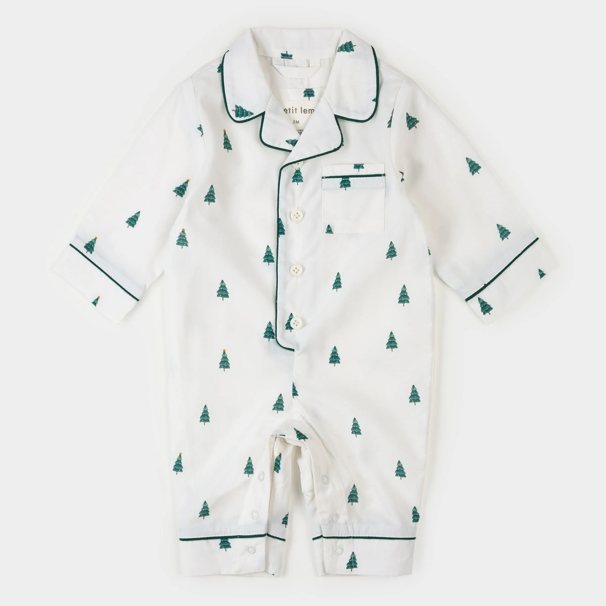 Poplin Sleep Suit | Pine Tree Farm Print on Off-White | Petit Lem