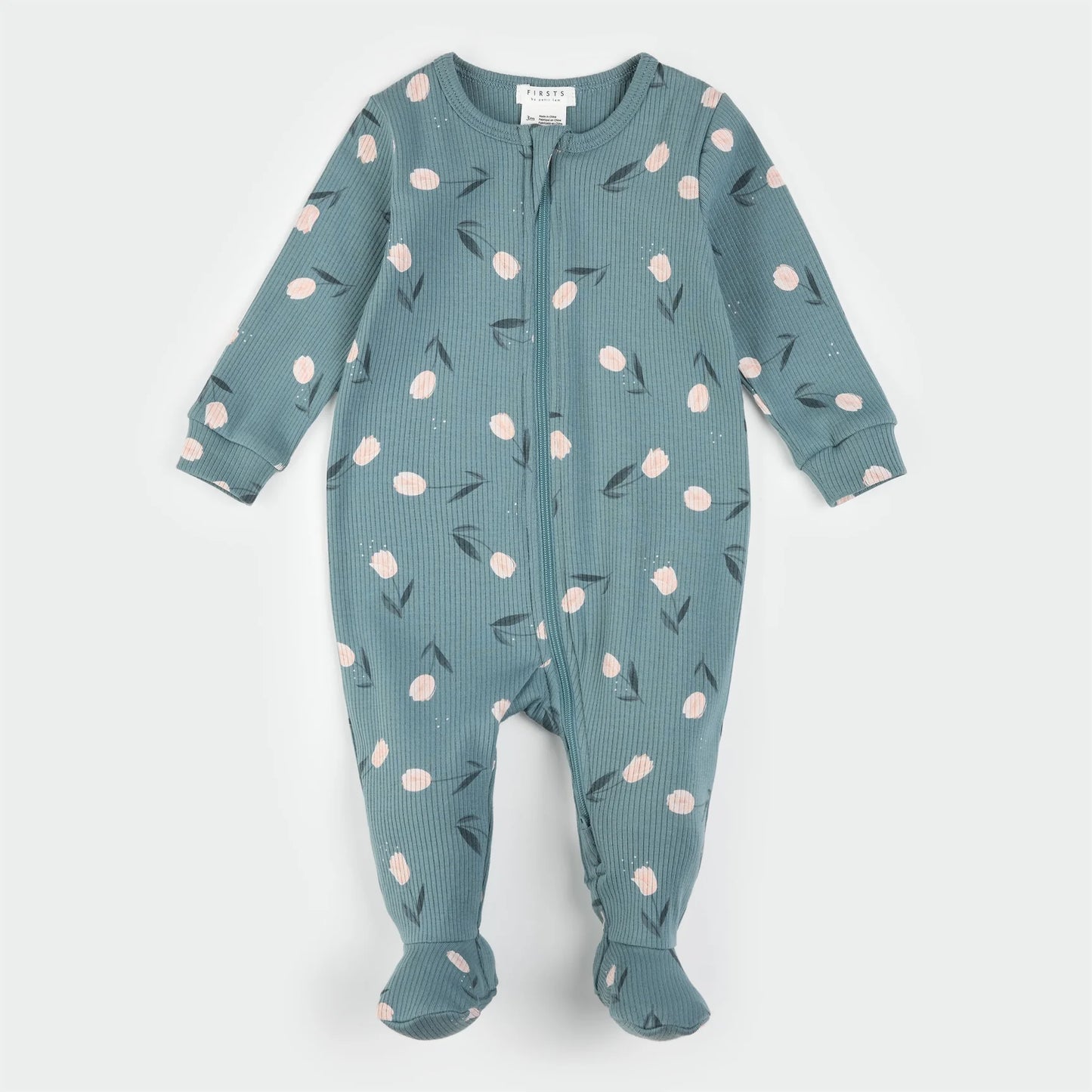 Ribbed Sleeper | Tulips Print on Sea Blue | Petit Lem