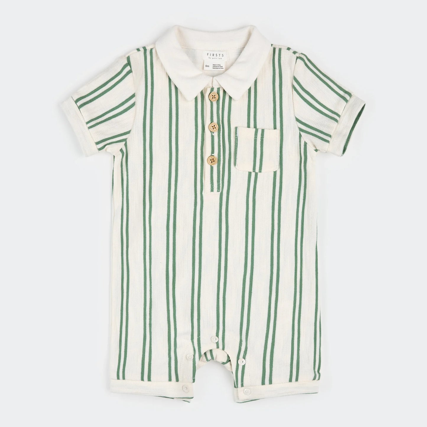 Collared Shortsleeved Romper | Green Stripe | Petit Lem