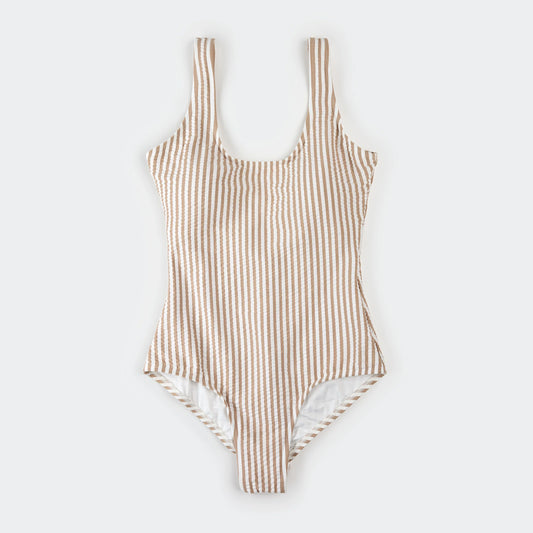 Women's One-Piece Swimsuit | Taupe Stripe Seersucker | Petit Lem