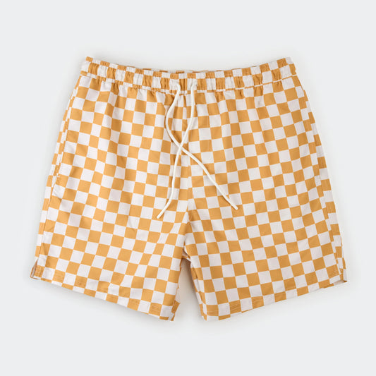 Men's Swim Trunks | Orange Checkerboard | Petit Lem