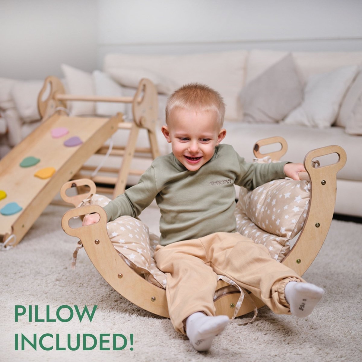 4in1 Montessori Climbing Frame: Pikler Triangle + Arch + Slide Board + Cushion for Toddlers (1–3 Years)