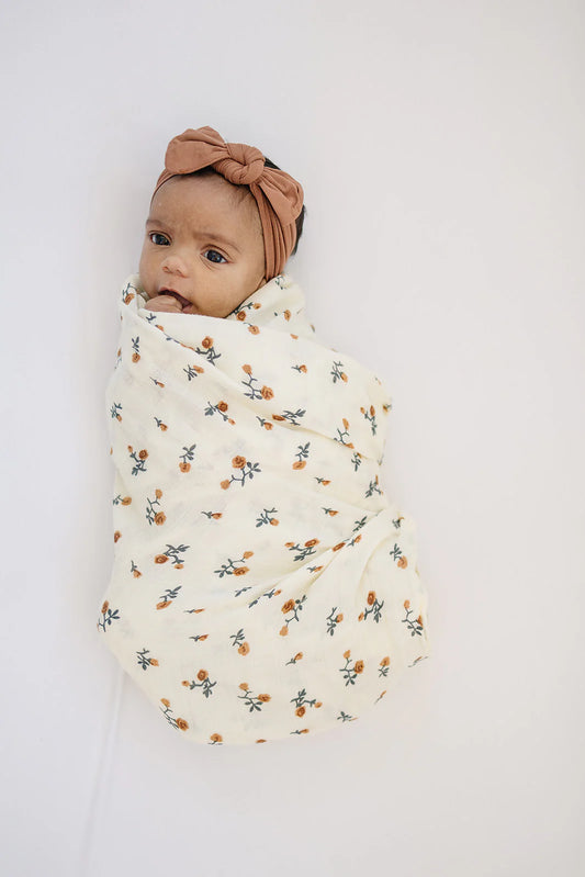 Cream Floral Muslin Swaddle Blanket | Mebie Baby