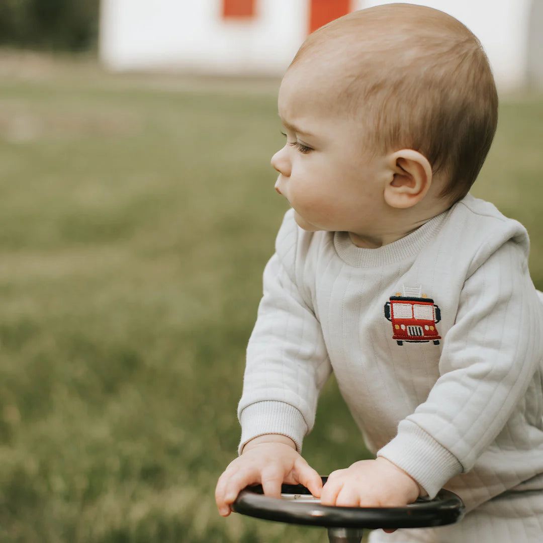 2 PC Quilted Jersey Set | Fire Truck Print on Grey | Petit Lem