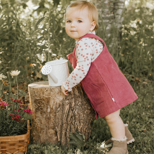 Raspberry Corduroy Overall Dress Set | Petit Lem