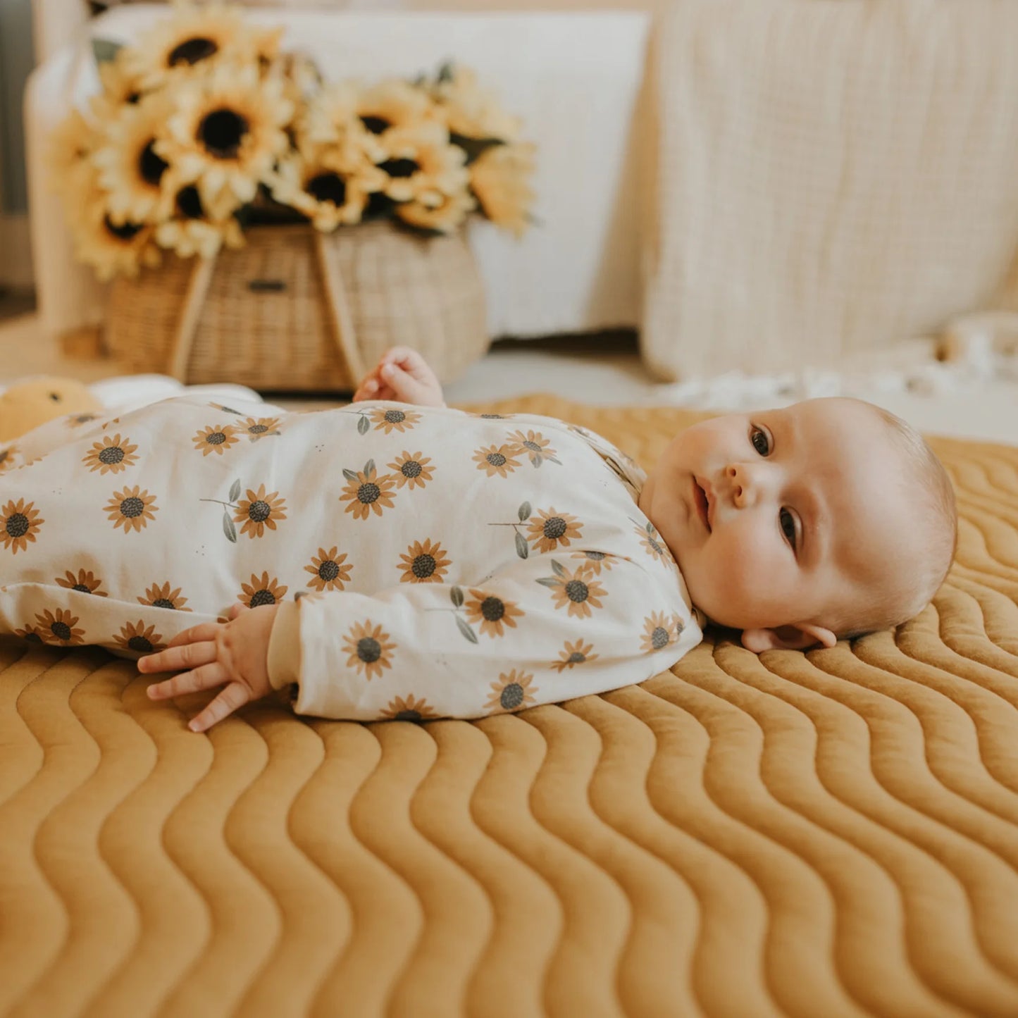 Sunflower Print on Antique White Sleeper | Petit Lem