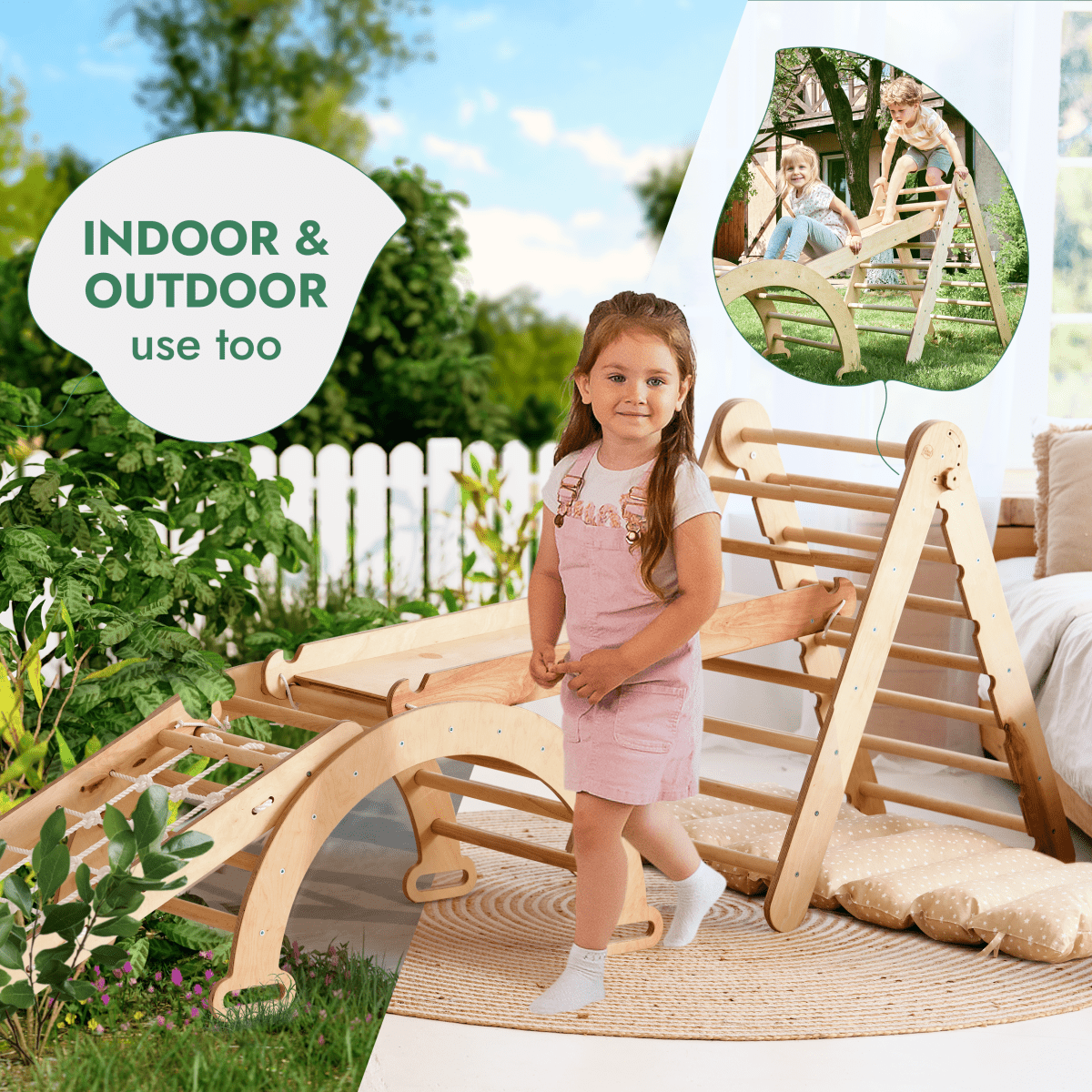 5in1 Montessori Climbing Frame Set: Triangle Ladder + Arch/Rocker + Slide Board/Ramp + Netting rope + Cushion