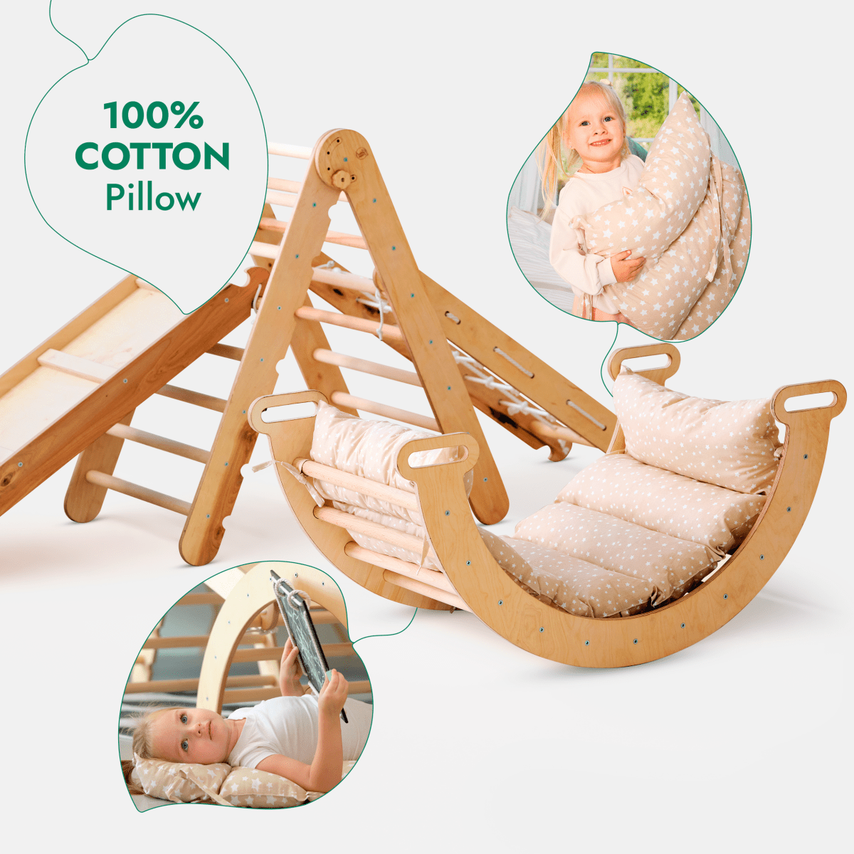 5in1 Montessori Climbing Frame Set: Triangle Ladder + Arch/Rocker + Slide Board/Ramp + Netting rope + Cushion