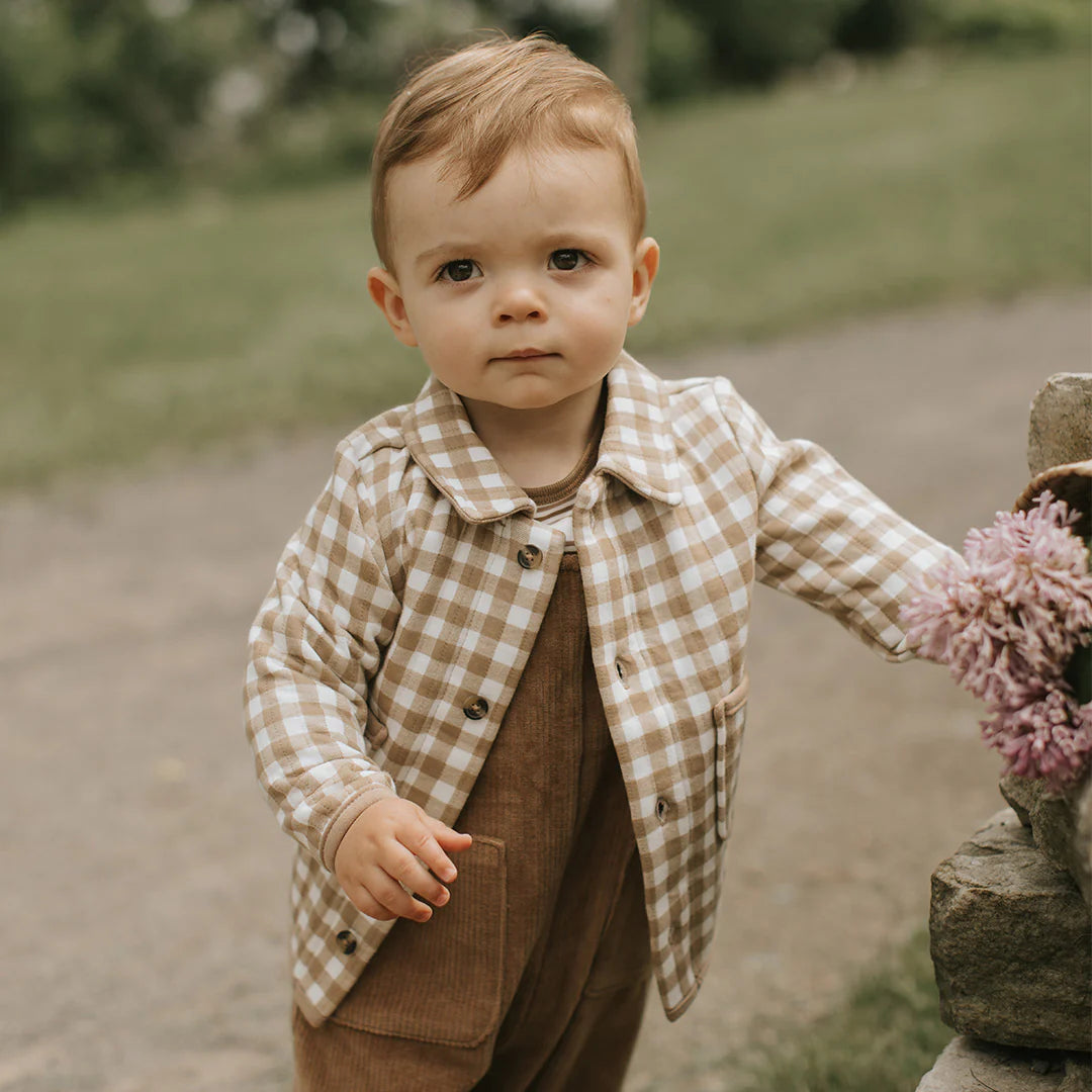 Quilted Cardigan | Light Taupe Gingham | Petit Lem