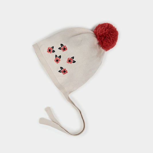 Knit Bonnet | Poppy Print on Beige | Petit Lem