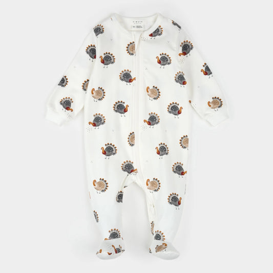 Footed Sleeper | Turkey Print on Off-White | Petit Lem