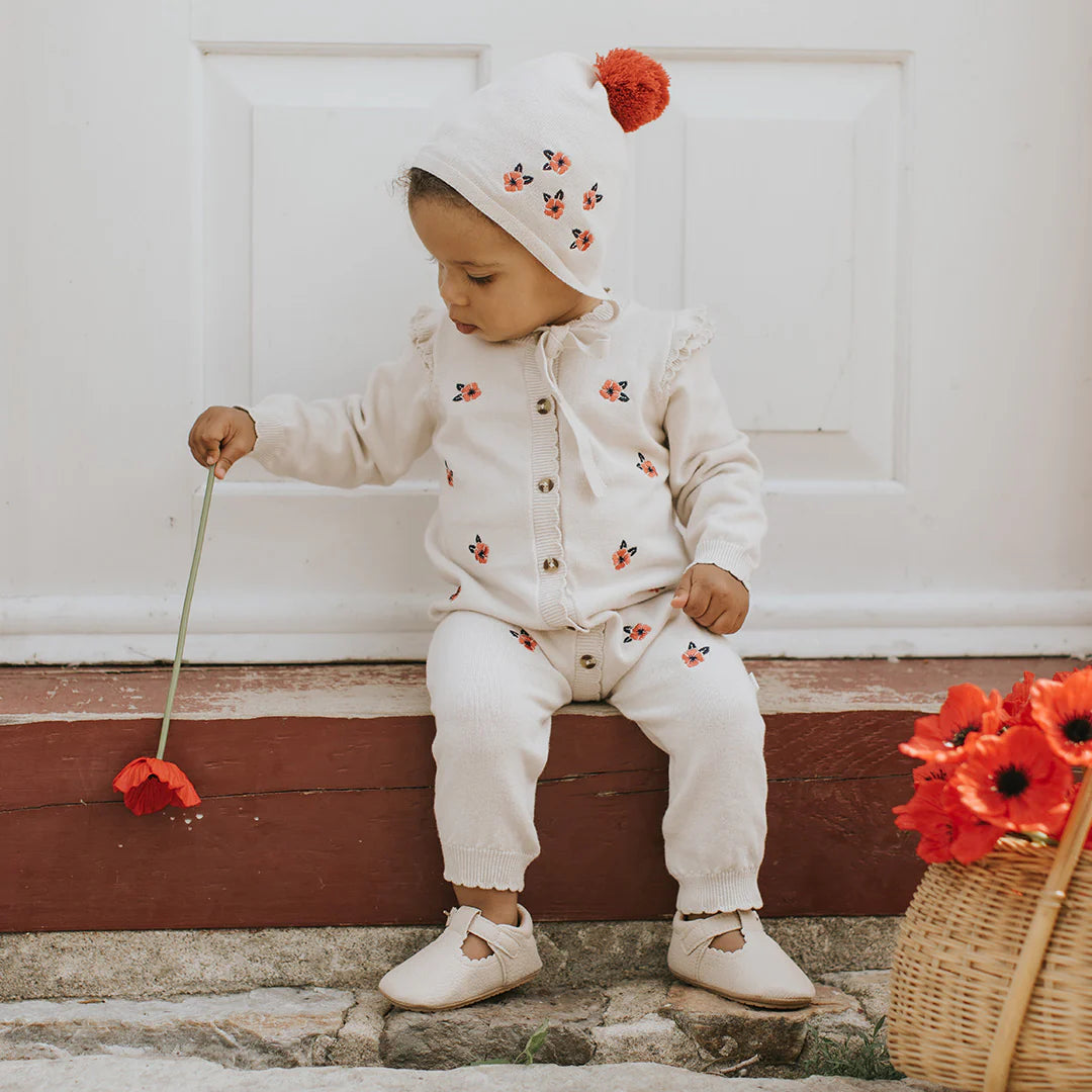 Sweater Knit Playsuit | Poppy Print on Beige | Petit Lem