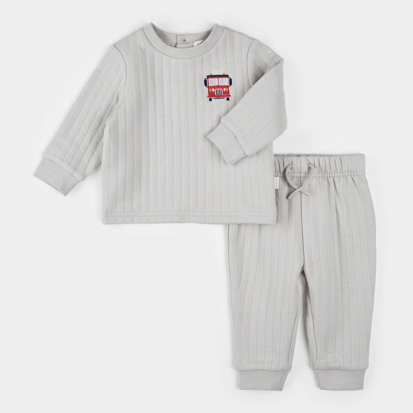 2 PC Quilted Jersey Set | Fire Truck Print on Grey | Petit Lem
