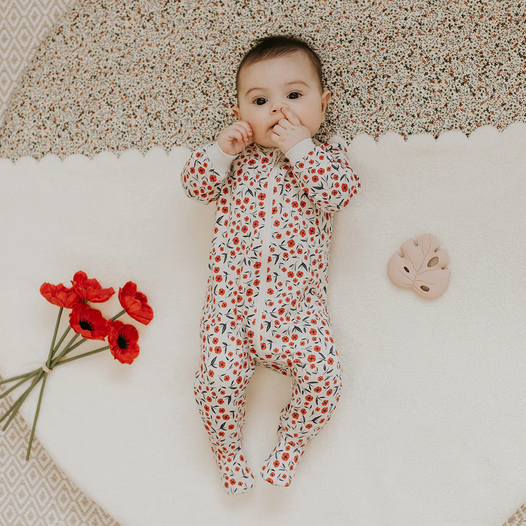Footed Sleeper | Poppy Floral Print on Beige | Petit Lem