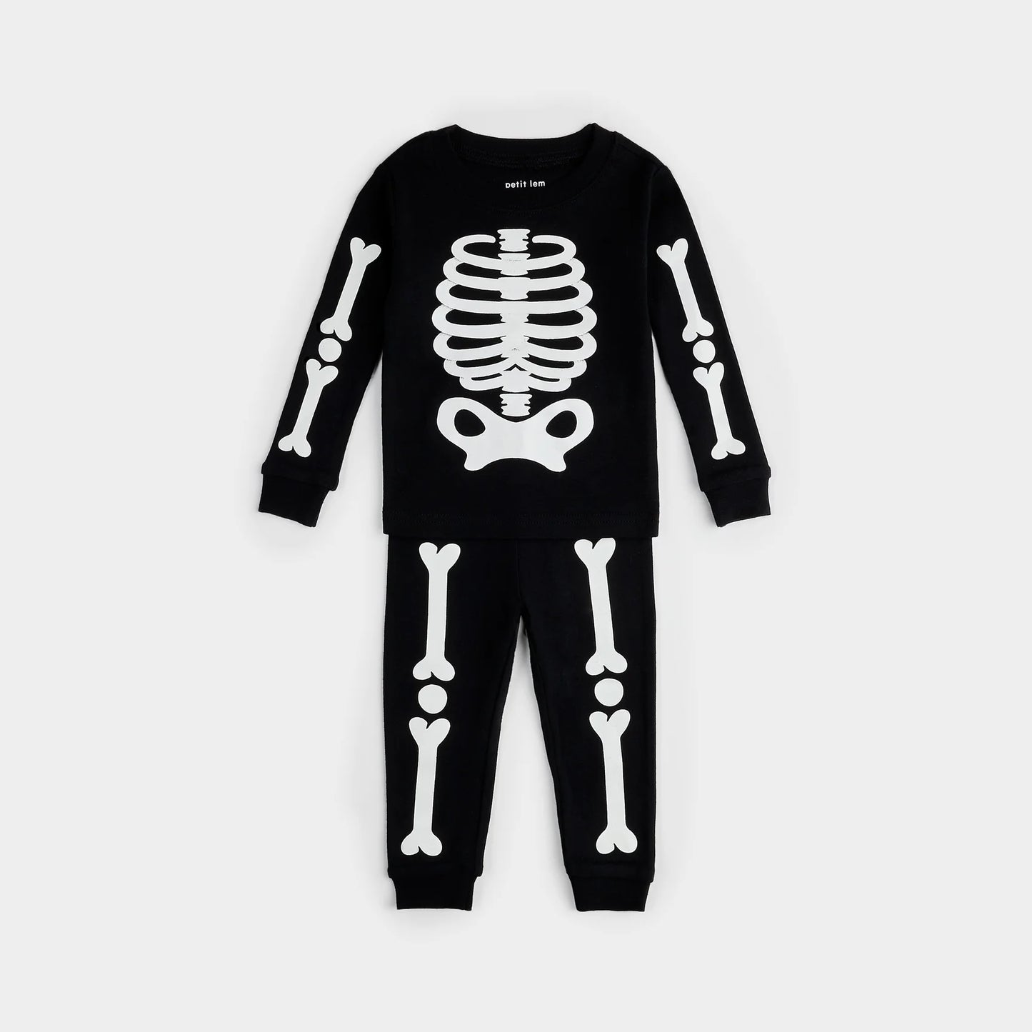 Skeleton Glow in the Dark Print on Black PJ Set | Petit Lem