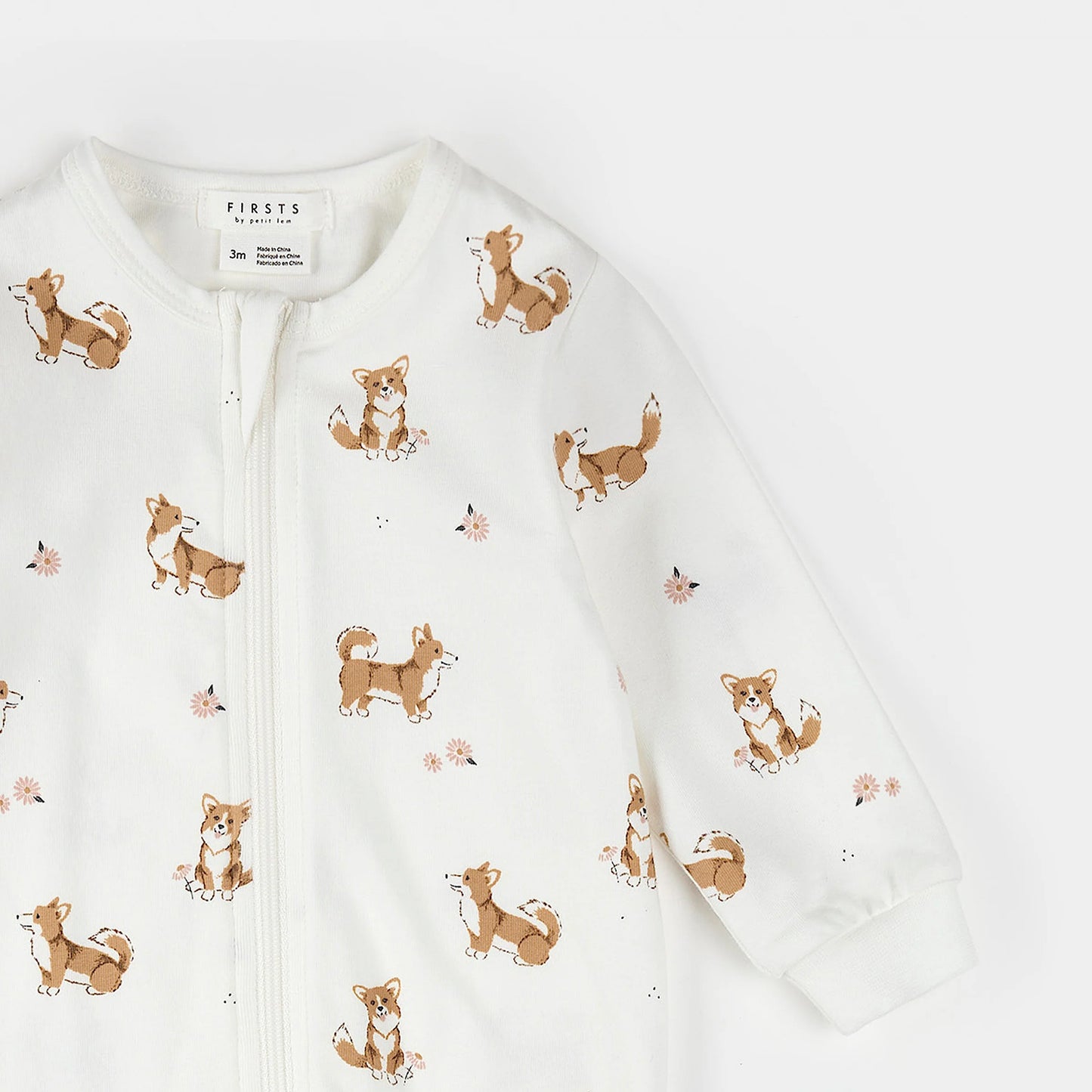 Footed Sleeper | Corgi Print on Off-White | Petit Lem