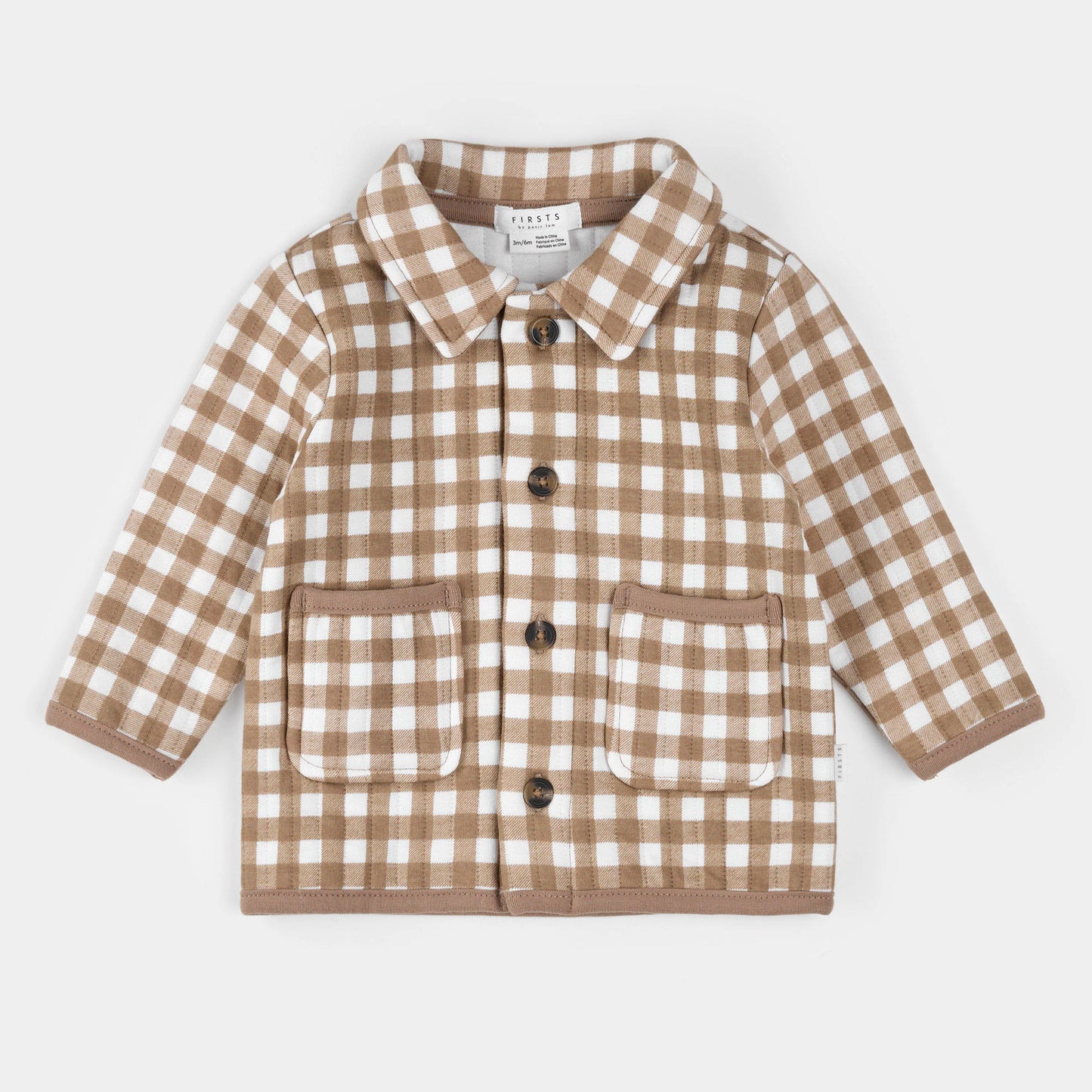 Quilted Cardigan | Light Taupe Gingham | Petit Lem