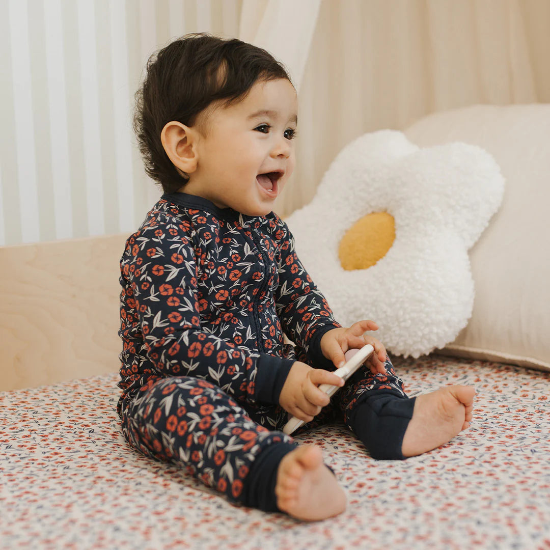 Convertible Sleeper | Poppy Floral Print on Dress Blue | Petit Lem