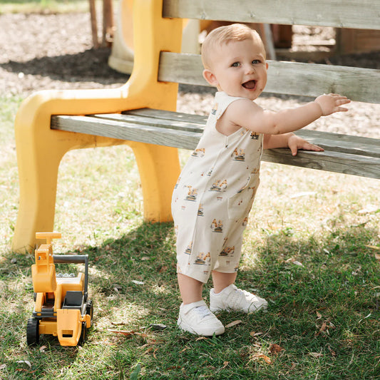 Sleeveless Romper | Diggers on White | Petit Lem