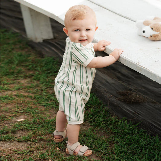 Collared Shortsleeved Romper | Green Stripe | Petit Lem
