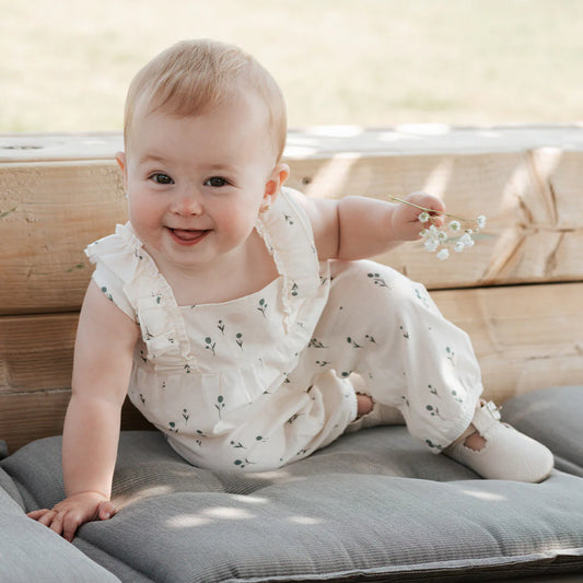 Cross Hatch Playsuit | Blue Tulips on Light Pink | Petit Lem