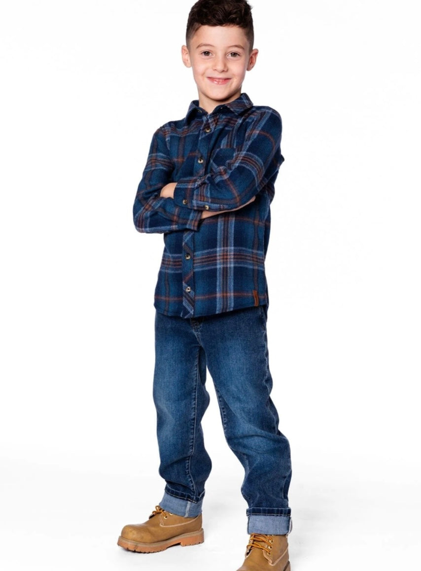 Long Sleeve Flannel Shirt | Blue And Brown Plaid | Deux Par Deux