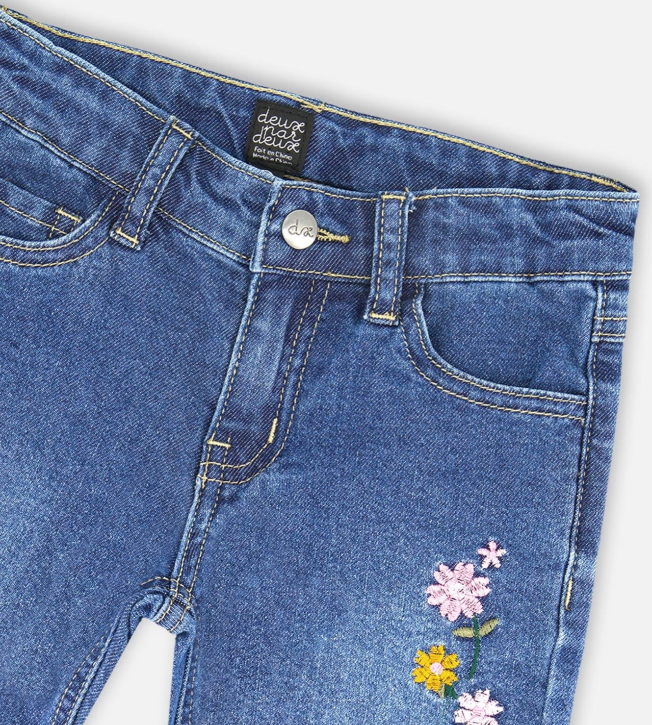 Denim With Frayed Hems And Floral Embroideries | Blue | Deux Par Deux
