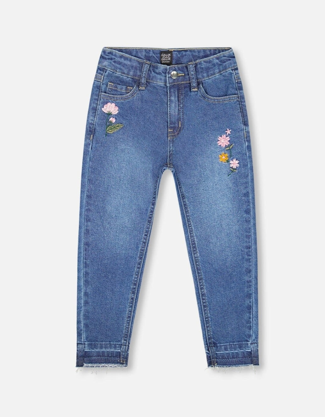 Denim With Frayed Hems And Floral Embroideries | Blue | Deux Par Deux