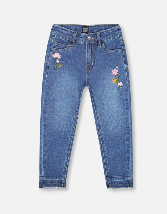 Denim With Frayed Hems And Floral Embroideries | Blue | Deux Par Deux