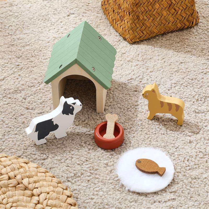Wooden Dog House & Pet Pretend Play Set