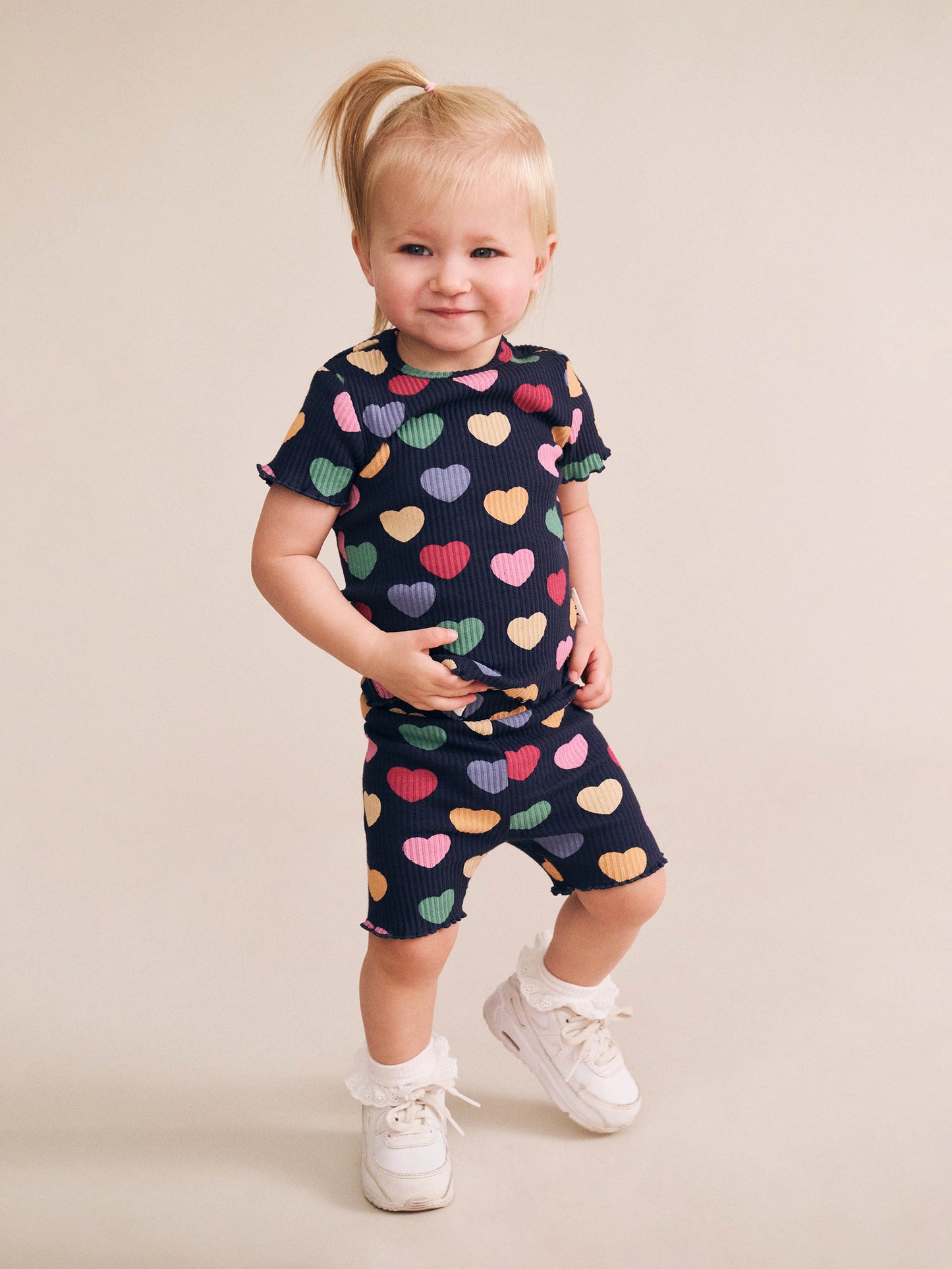 Multi Hearts Rib Tee | Navy | Huxbaby